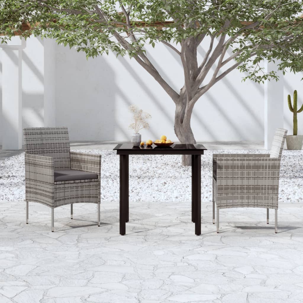 3 Pcs conj. de jantar para jardim c/ almofadões cinzento/preto