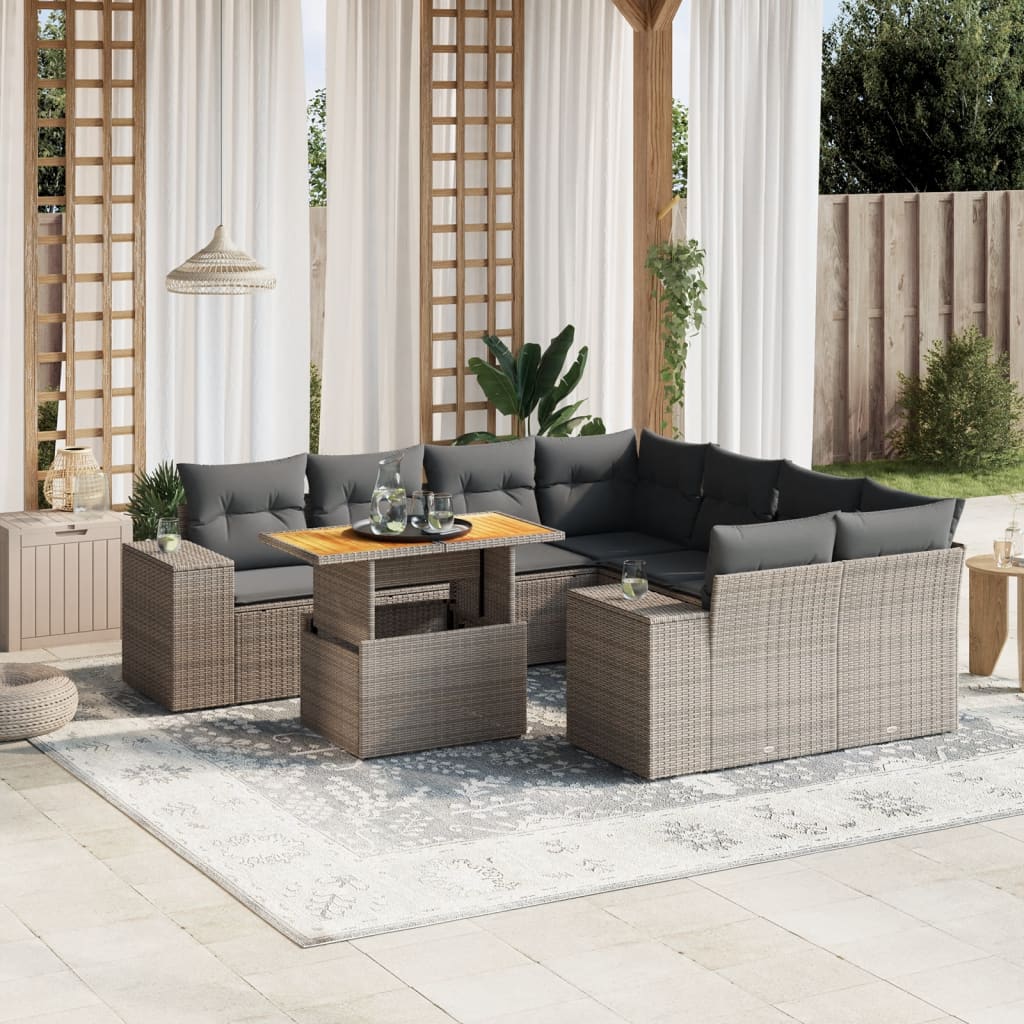 9 Pcs conjunto sofás p/ jardim com almofadões vime PE cinzento