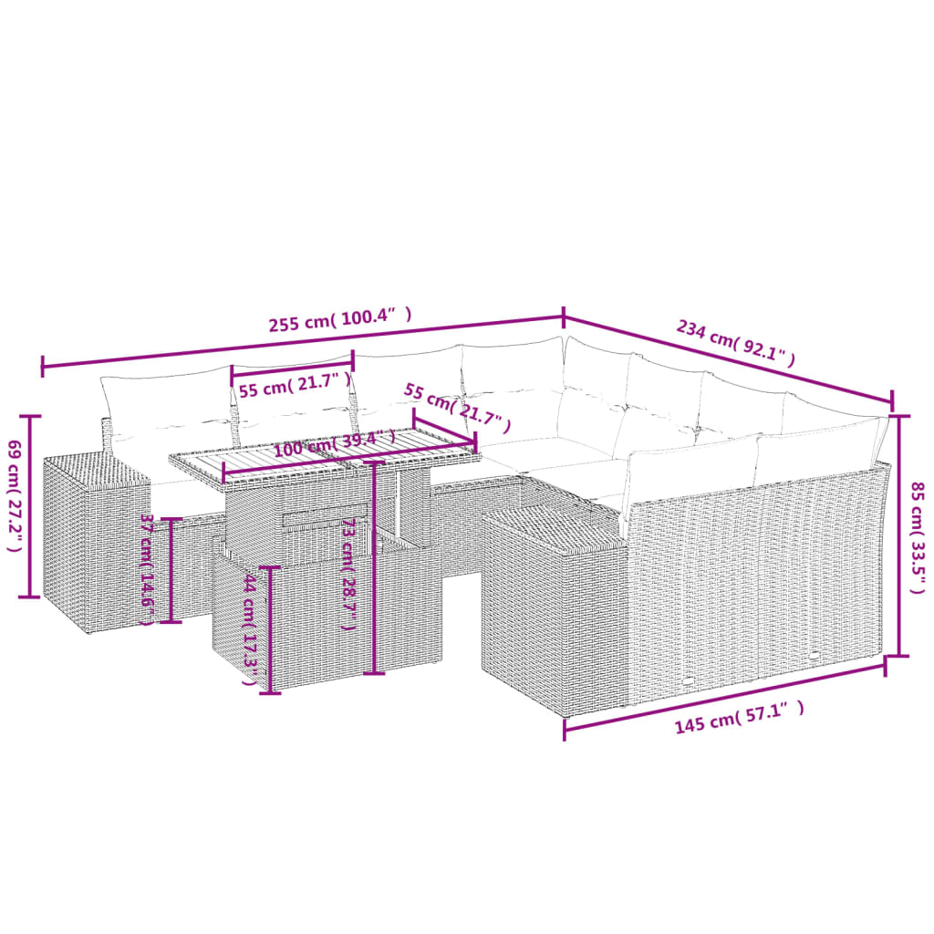 9 Pcs conjunto sofás p/ jardim com almofadões vime PE cinzento