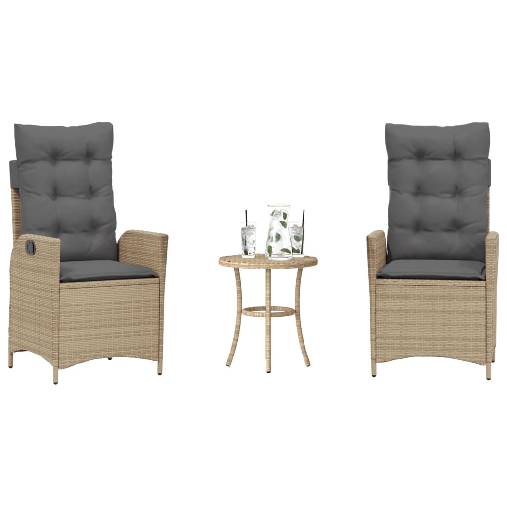 3 Pcs conjunto bistrô com almofadões vime PE bege misturado