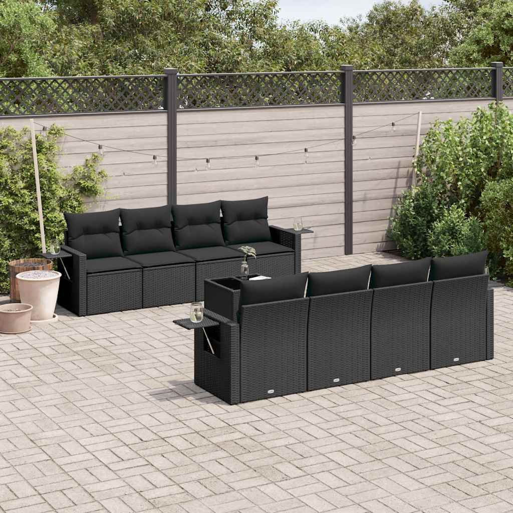 9 Pcs conjunto de sofás p/ jardim c/ almofadões vime PE preto
