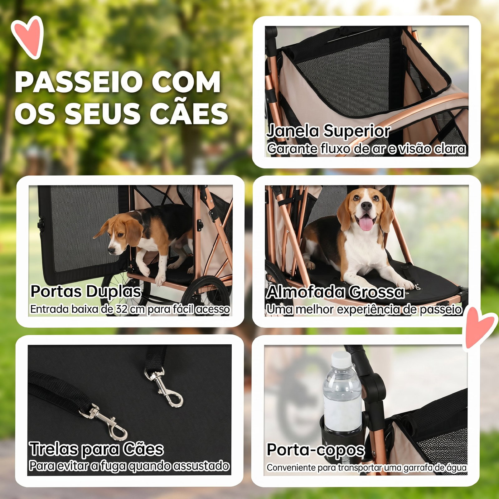 Carrinho para cães dobrável até 20 kg com rodas grandes suspensão e travão janelas de rede almofada castanho claro