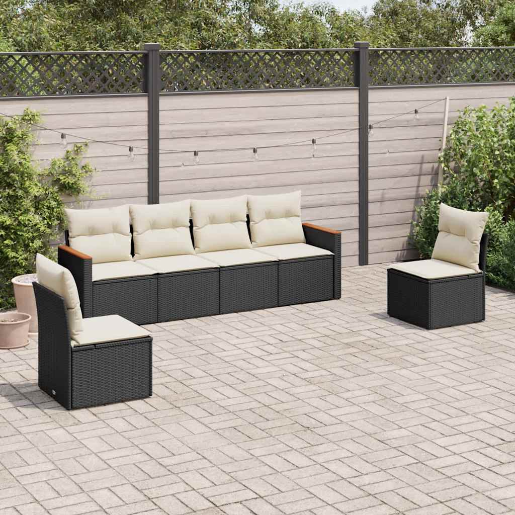 6 Pcs conjunto sofás de jardim c/ almofadões vime PE preto