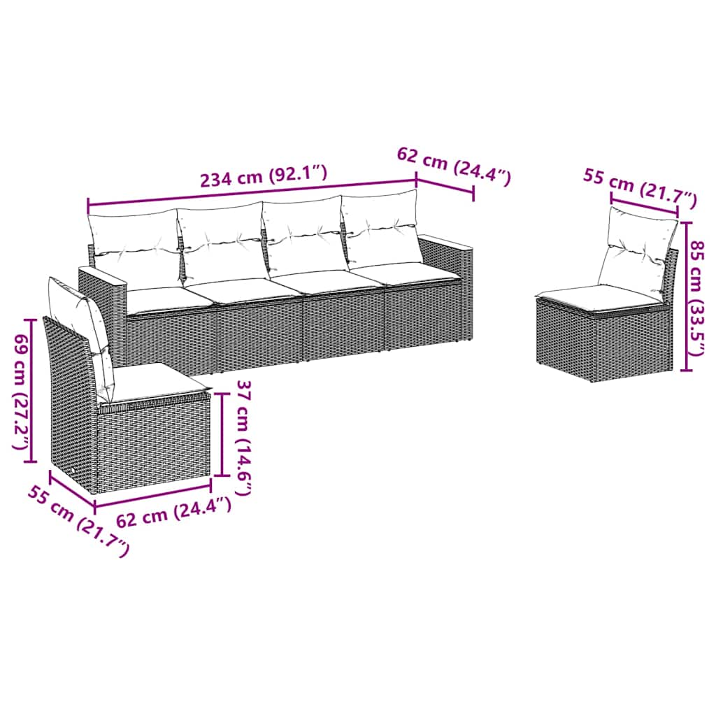 6 Pcs conjunto sofás de jardim c/ almofadões vime PE preto
