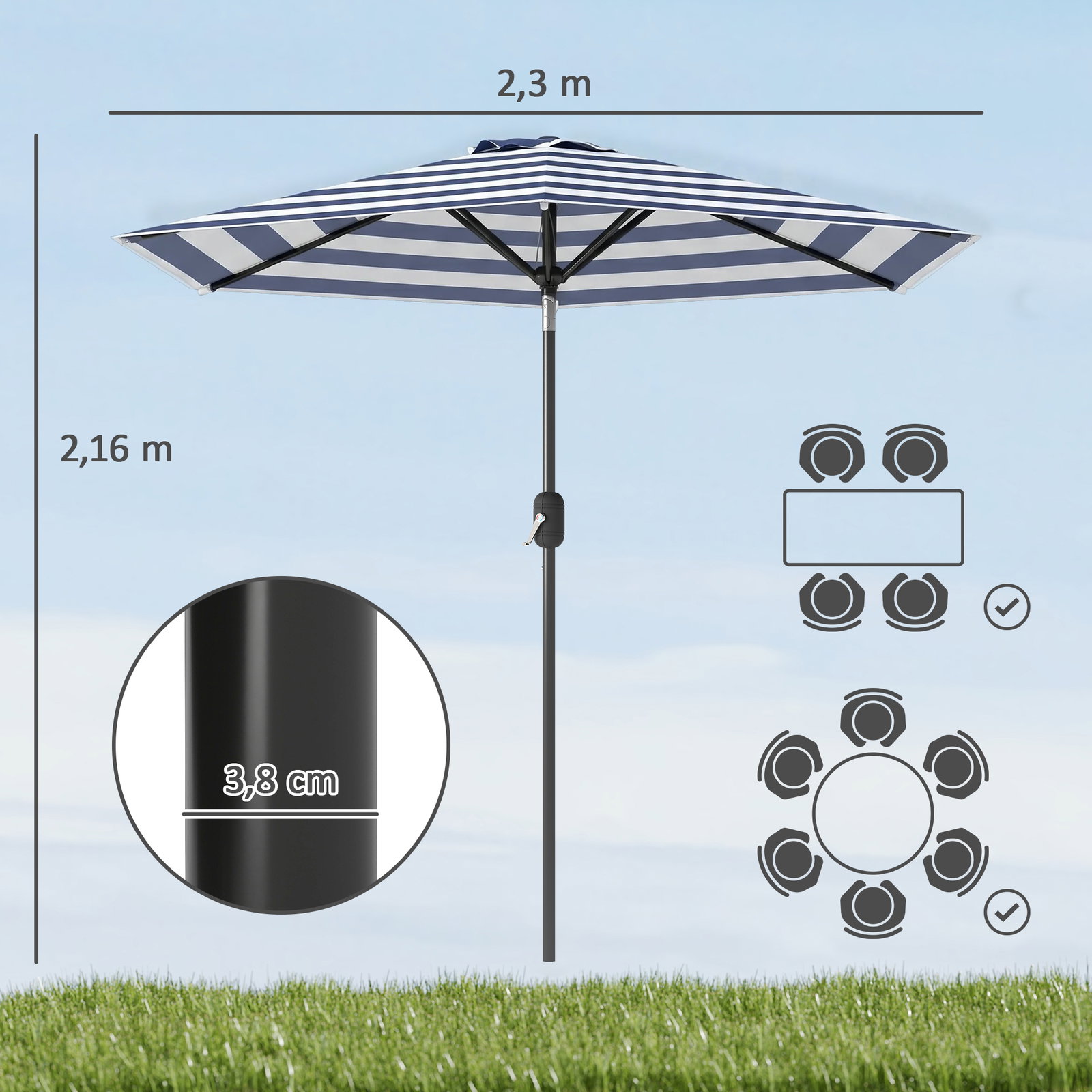 Chapéu de Sol Exterior Ø230 cm com Ângulo Ajustável e Manivela Impermeável Azul e Branco