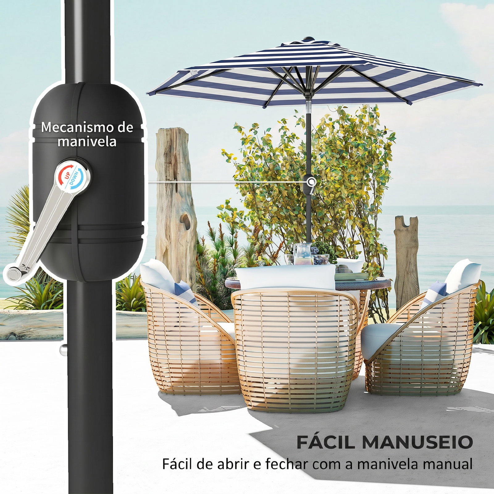 Chapéu de Sol Exterior Ø230 cm com Ângulo Ajustável e Manivela Impermeável Azul e Branco