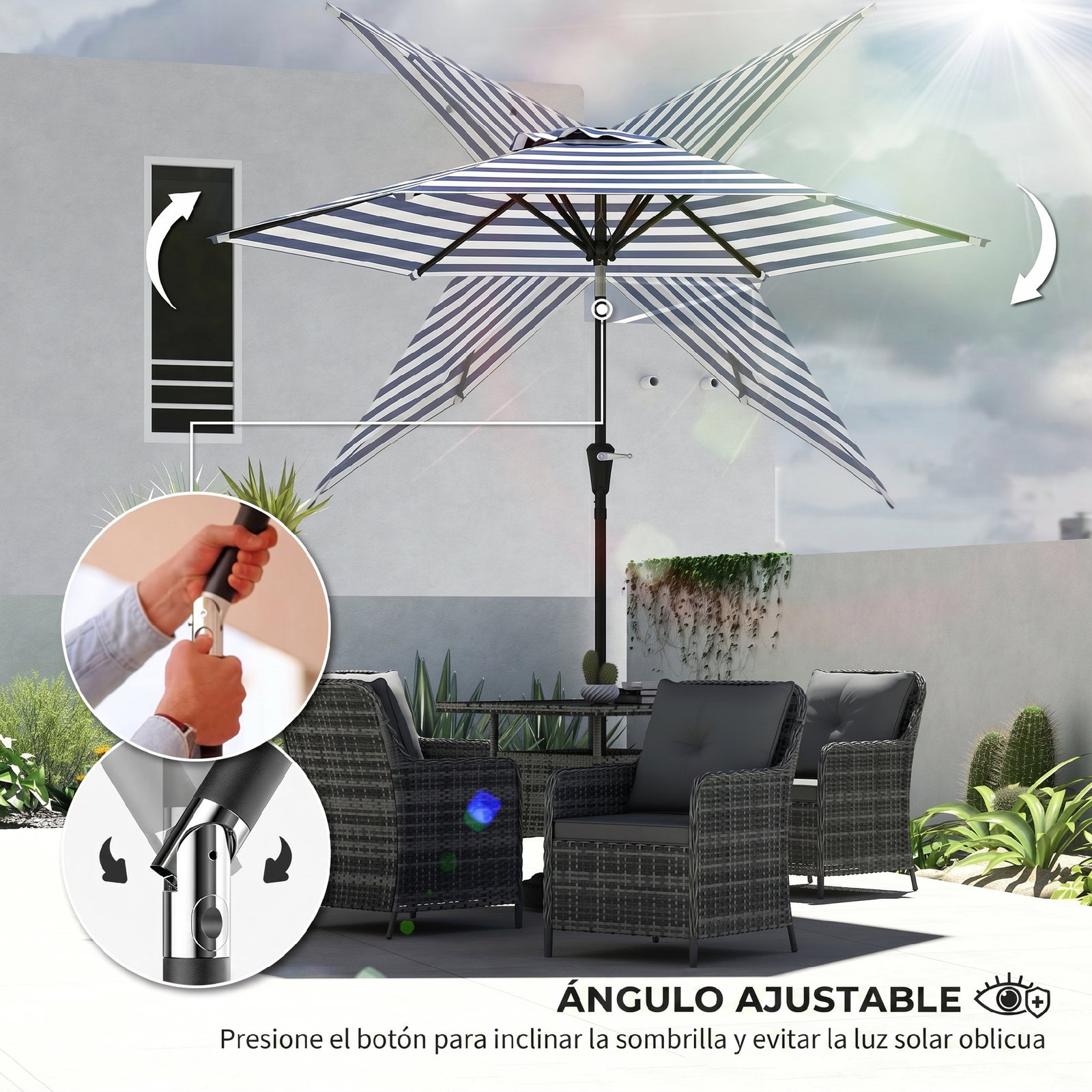 Chapéu de Sol Exterior Ø230 cm com Ângulo Ajustável e Manivela Impermeável Azul e Branco