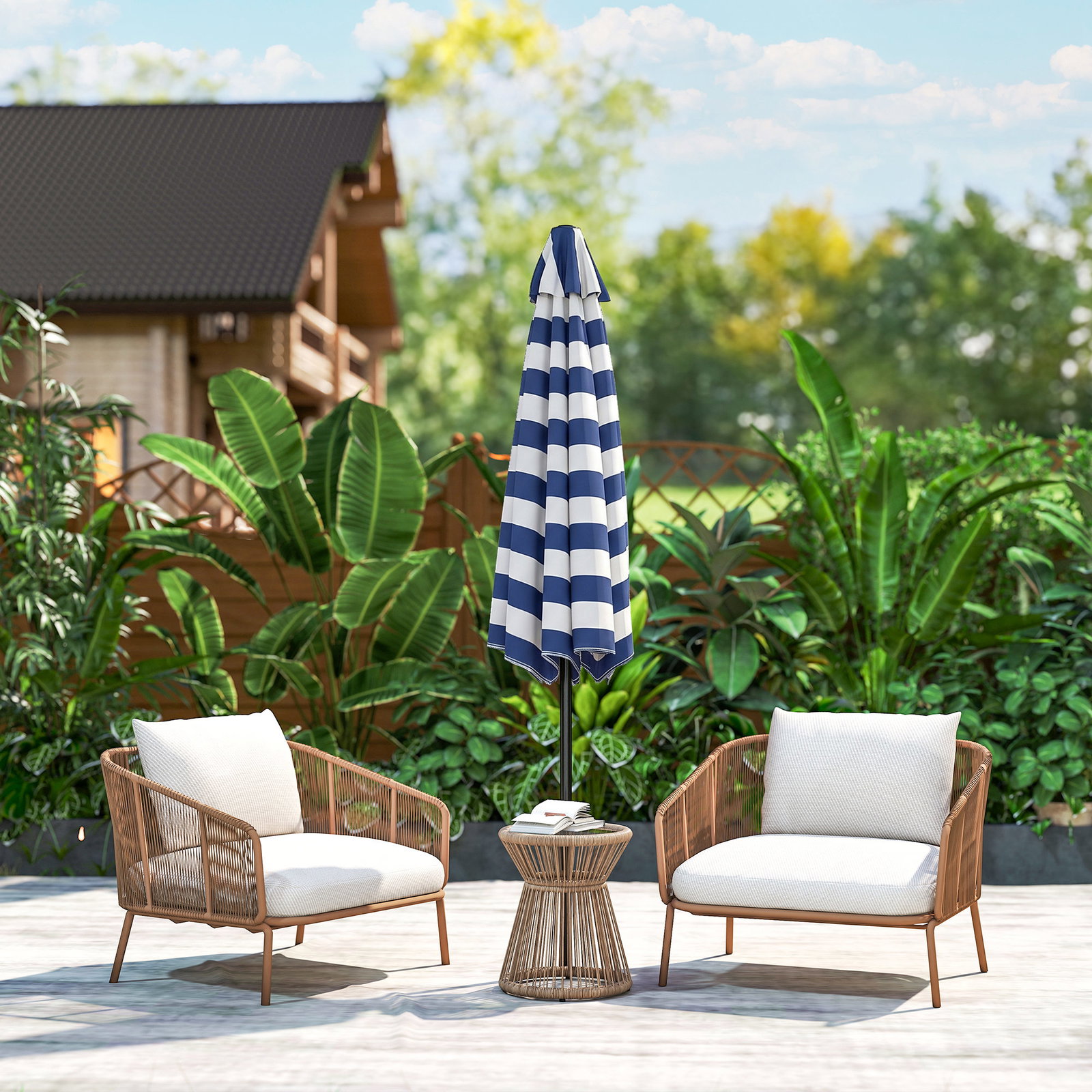 Chapéu de Sol Exterior Ø230 cm com Ângulo Ajustável e Manivela Impermeável Azul e Branco