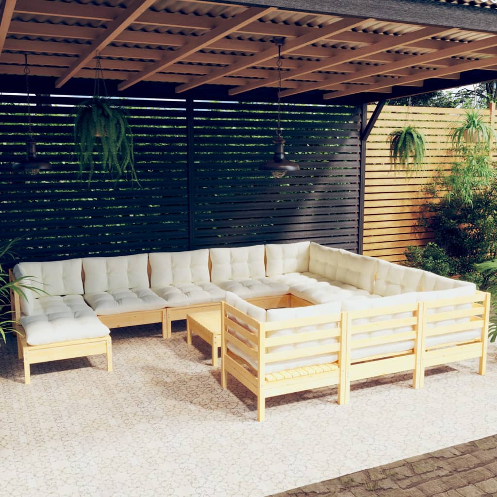 12 Pcs conjunto lounge de jardim c/ almofadões cor creme pinho