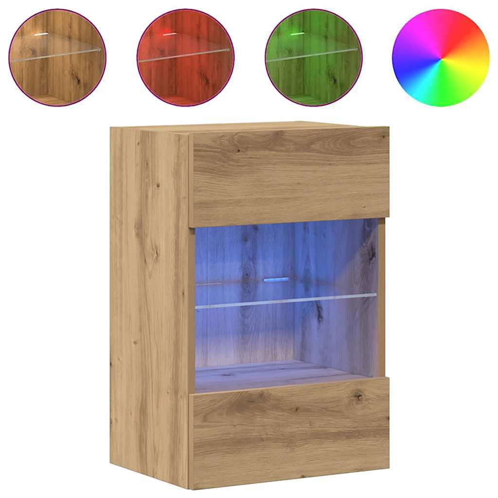 Armários de parede com luzes LED para TV 2 pcs carvalho artesanal