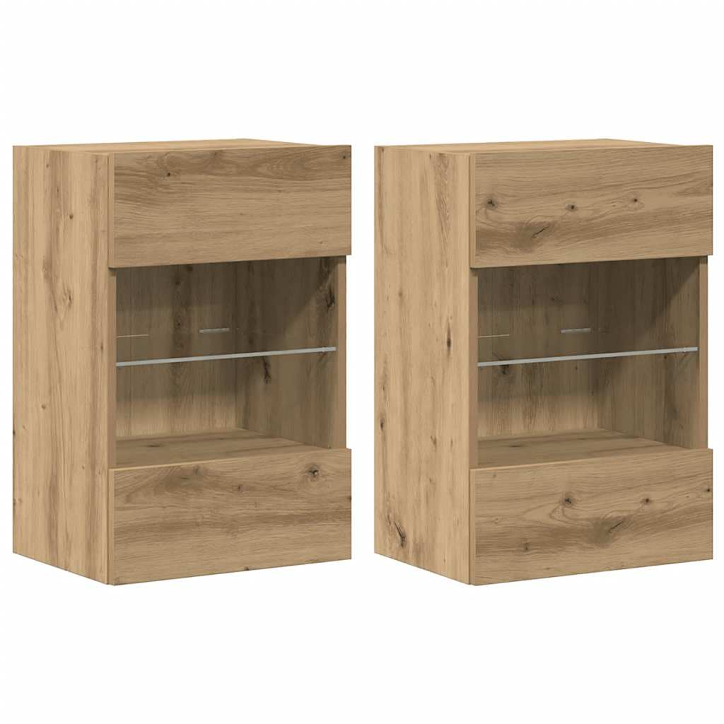 Armários de parede com luzes LED para TV 2 pcs carvalho artesanal