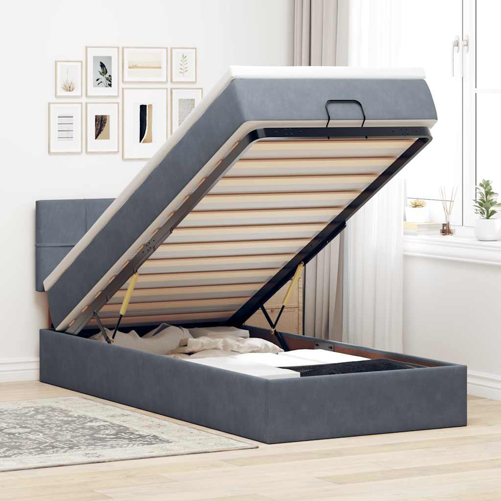 Moldura de cama otomana com colchão cinza escuro veludo