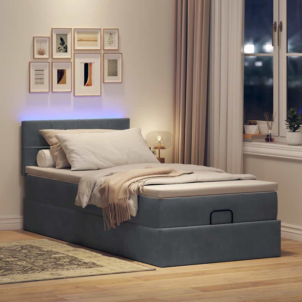 Moldura de cama otomana com colchão cinza escuro veludo