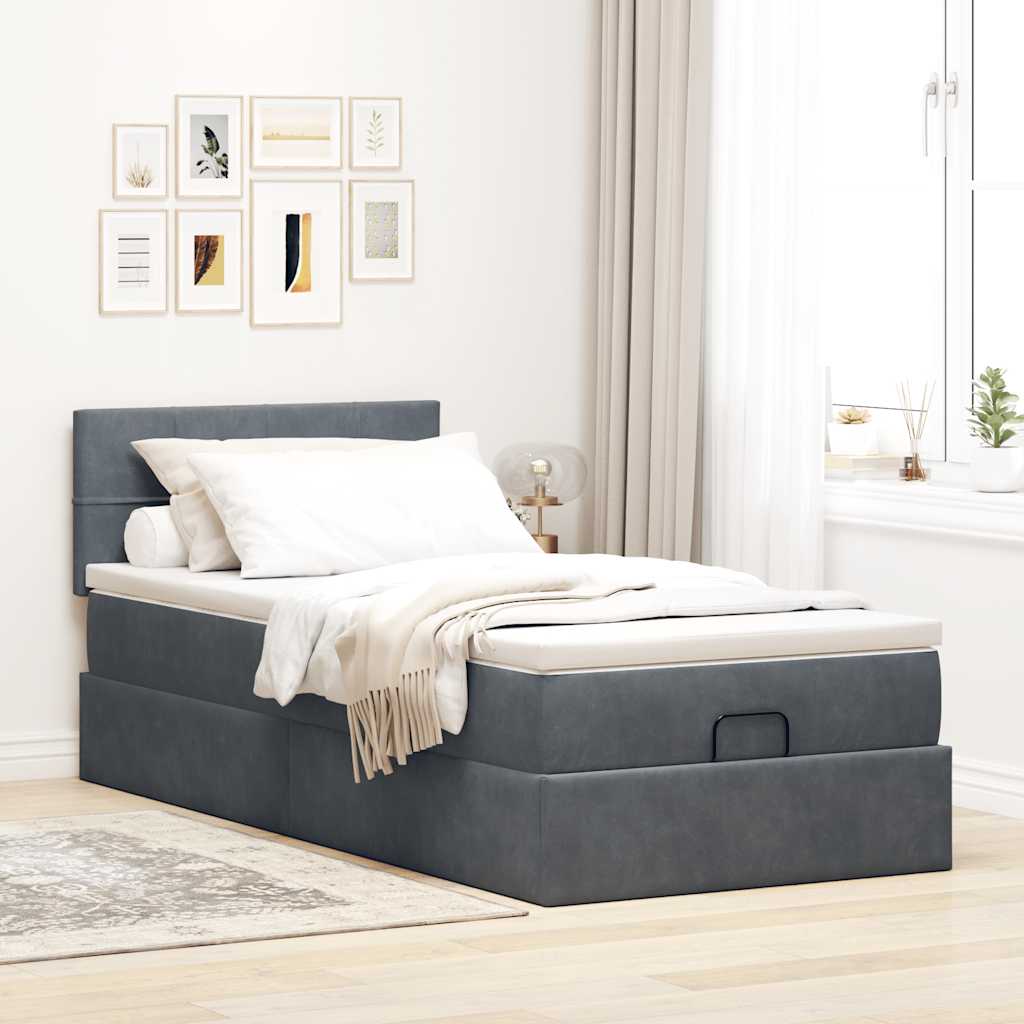 Moldura de cama otomana com colchão cinza escuro veludo