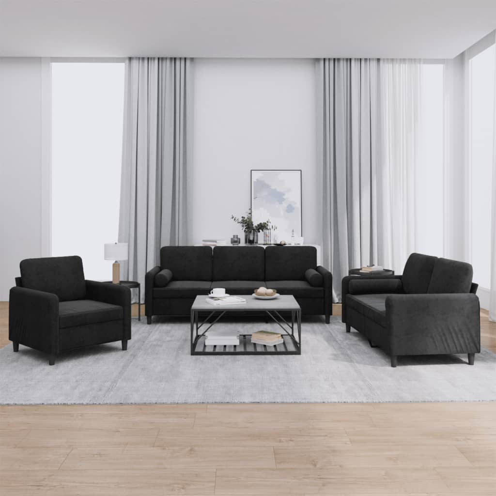 3 Pcs conjunto de sofás com almofadas veludo preto