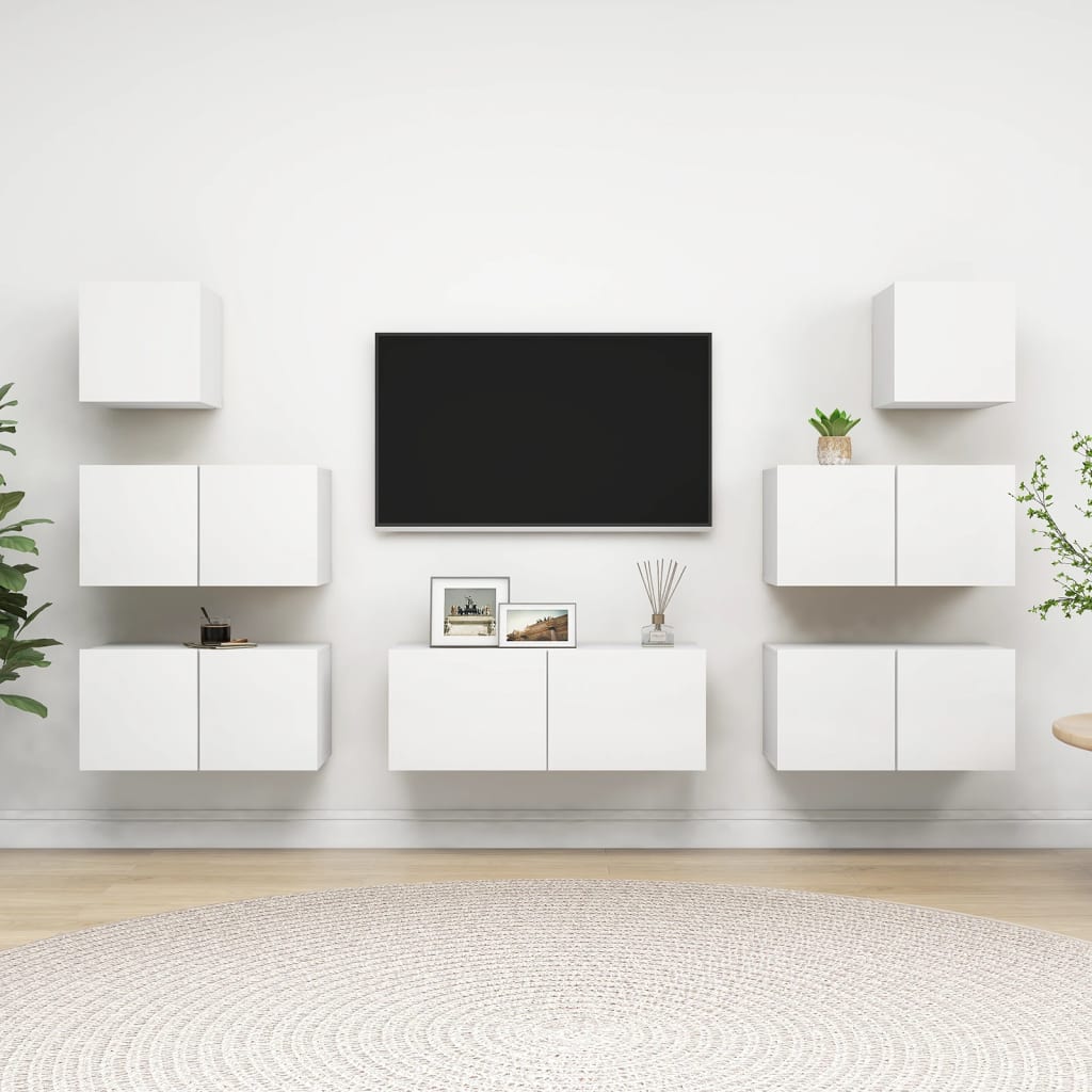 7 Pcs conjunto de móveis de TV derivados de madeira branco