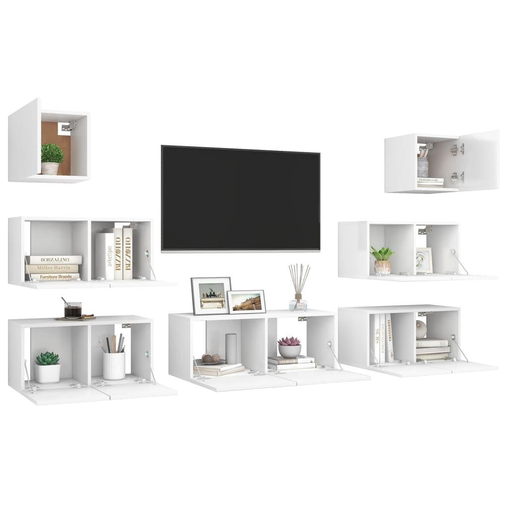 7 Pcs conjunto de móveis de TV derivados de madeira branco