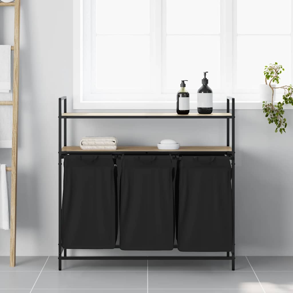 Cesto de roupa suja com 3 compartimentos e prateleiras, cor carvalho sonoma