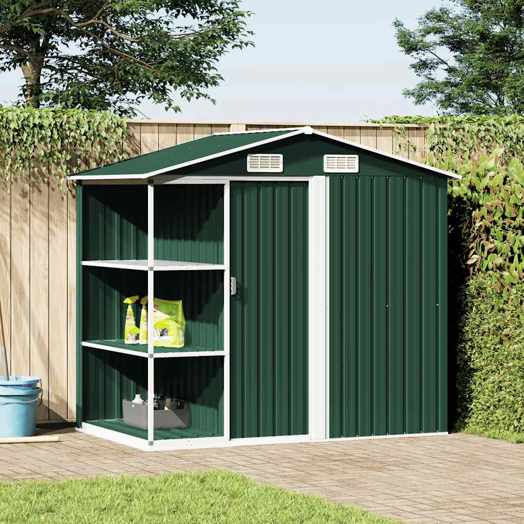 Abrigo de jardim c/ prateleiras 205x130x183 cm ferro verde