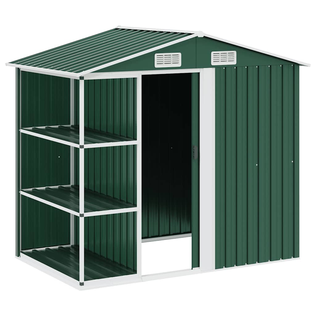 Abrigo de jardim c/ prateleiras 205x130x183 cm ferro verde