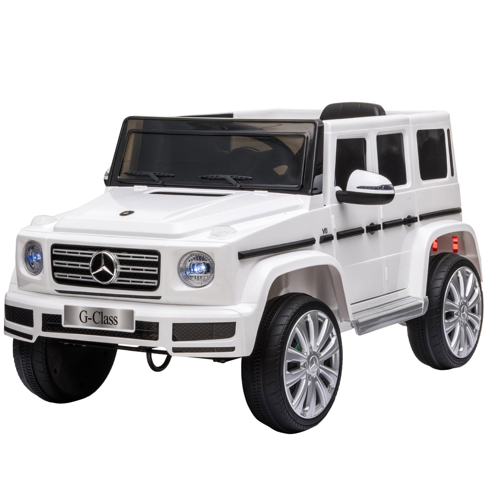 Carro elétrico benz g500 todo-o-terreno com bateria 12v veículo elétrico com música buzina velocidade 3-5 km/h branco