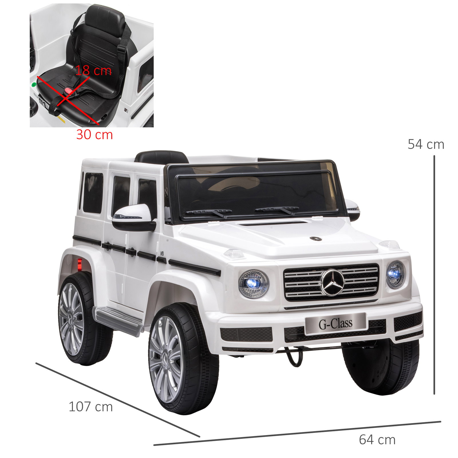 Carro elétrico benz g500 todo-o-terreno com bateria 12v veículo elétrico com música buzina velocidade 3-5 km/h branco