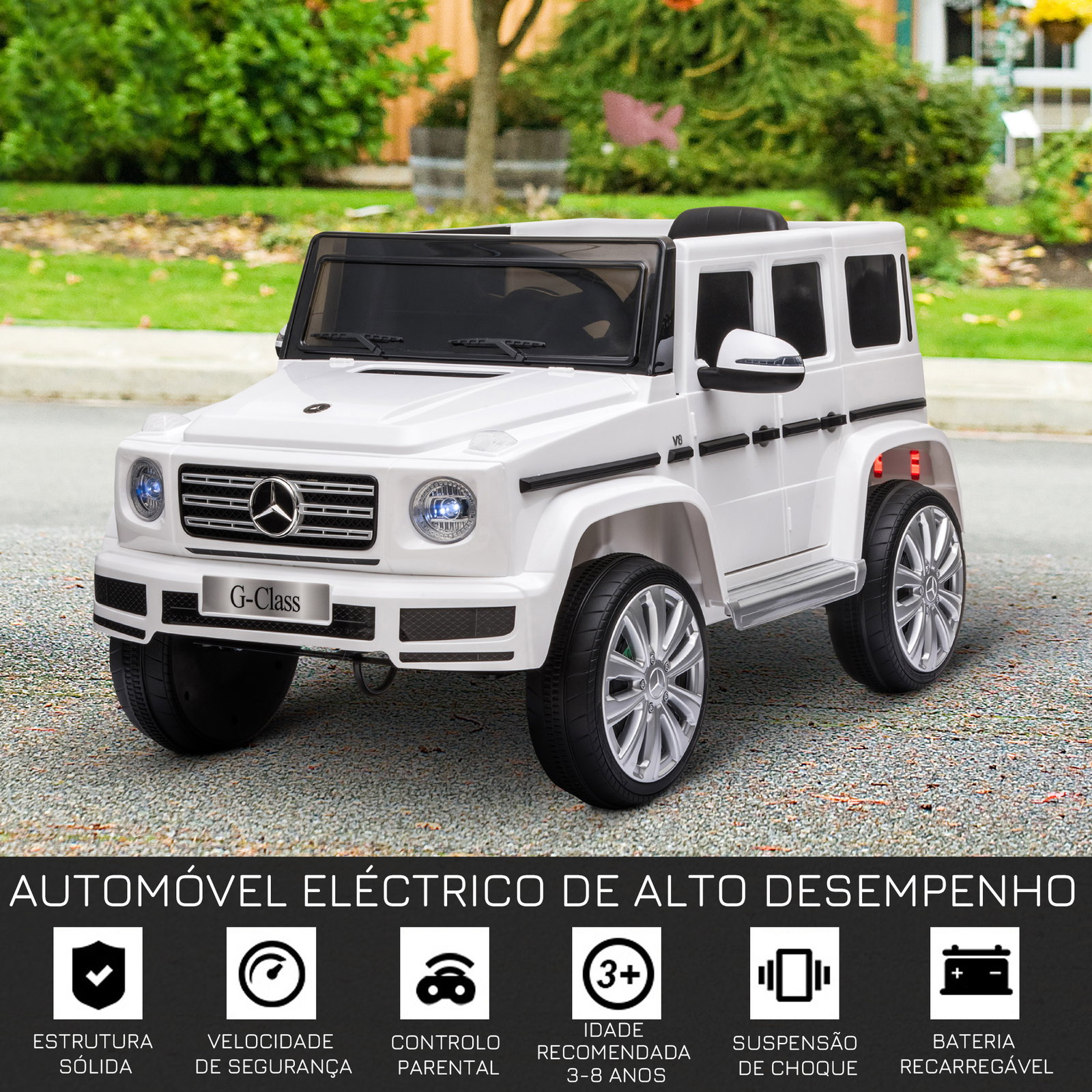 Carro elétrico benz g500 todo-o-terreno com bateria 12v veículo elétrico com música buzina velocidade 3-5 km/h branco
