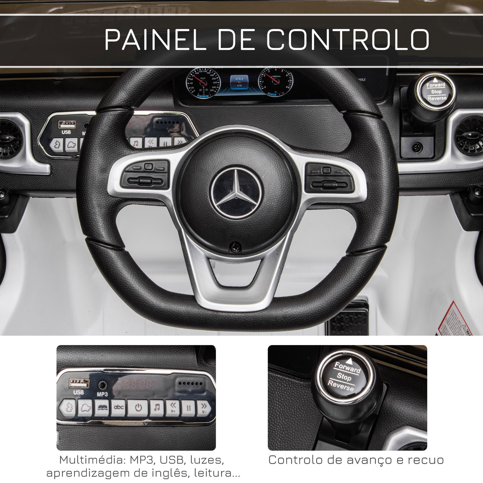 Carro elétrico benz g500 todo-o-terreno com bateria 12v veículo elétrico com música buzina velocidade 3-5 km/h branco