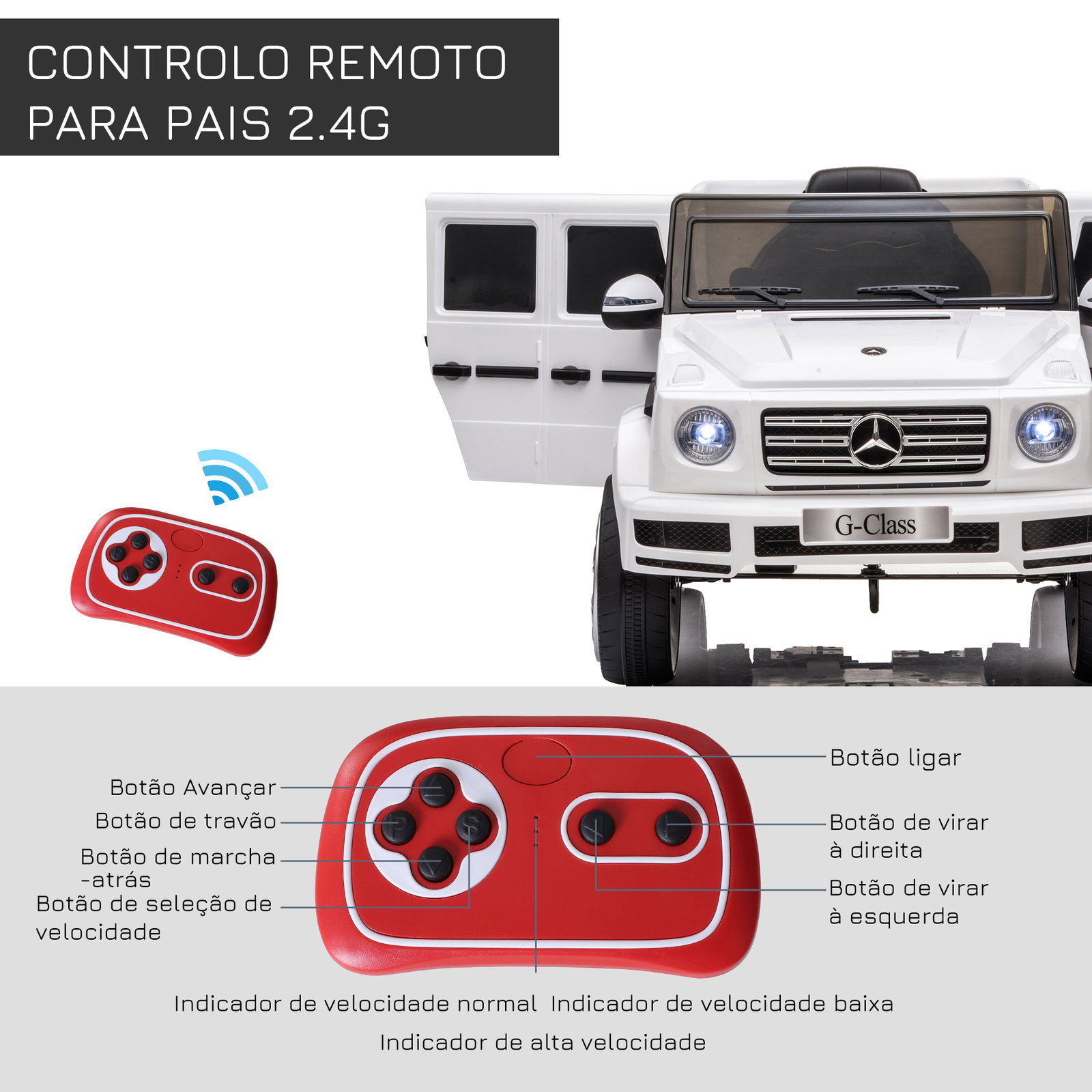 Carro elétrico benz g500 todo-o-terreno com bateria 12v veículo elétrico com música buzina velocidade 3-5 km/h branco