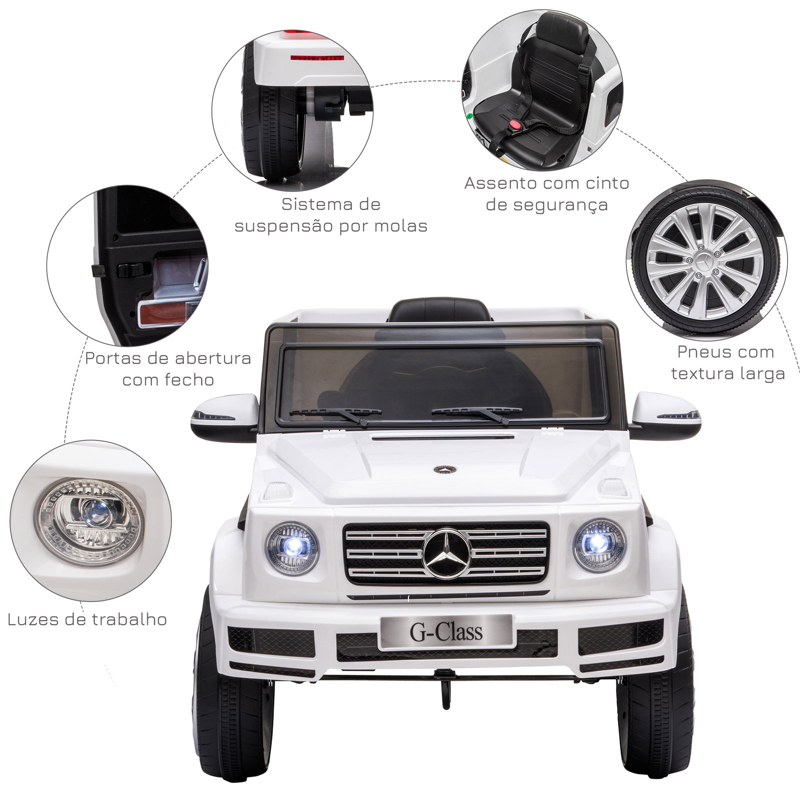 Carro elétrico benz g500 todo-o-terreno com bateria 12v veículo elétrico com música buzina velocidade 3-5 km/h branco