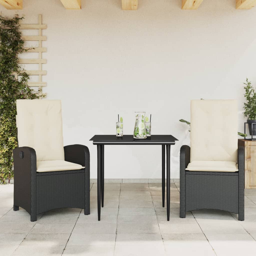 3 Pcs conjunto de jantar p/ jardim c/ almofadões vime PE preto