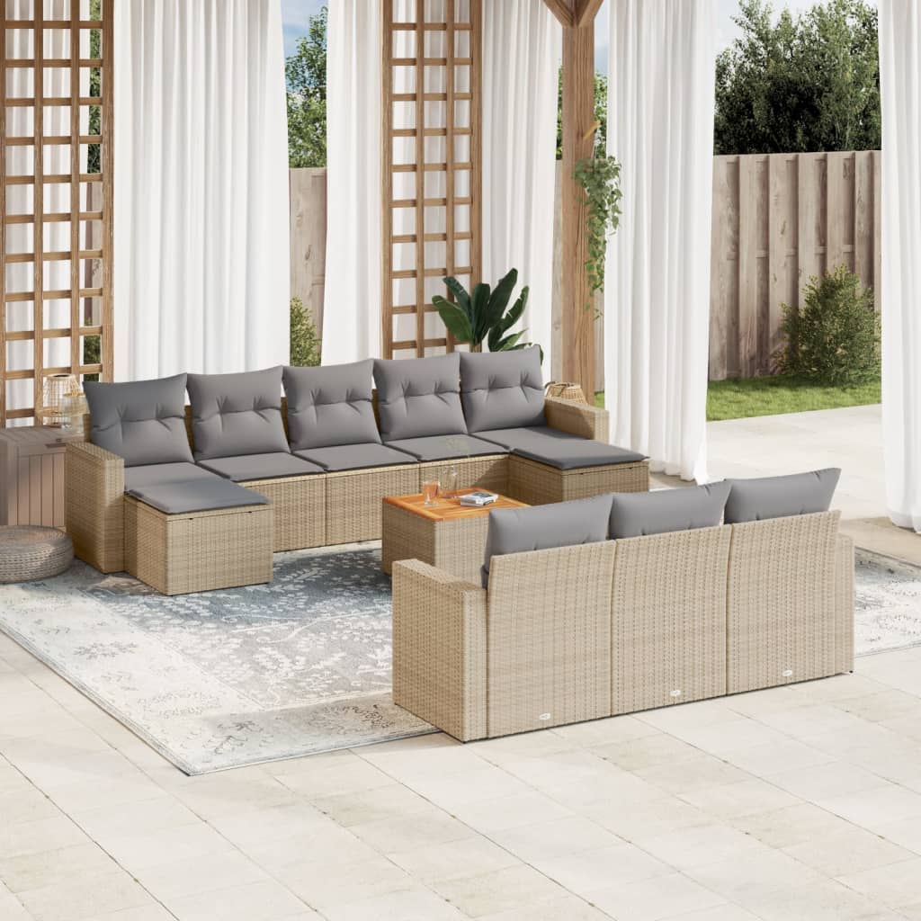 11 Pcs conjunto sofás de jardim c/ almofadões vime PE bege