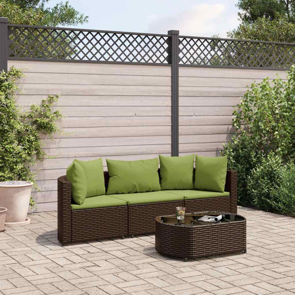4 Pcs conjunto sofás de jardim c/ almofadões vime PE castanho