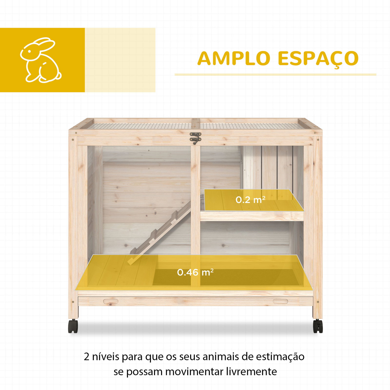 Coelheira de madeira com rodas 91,5x53,5x73cm gaiola para coelhos de 2 níveis com bandeja amovível e rampa natural