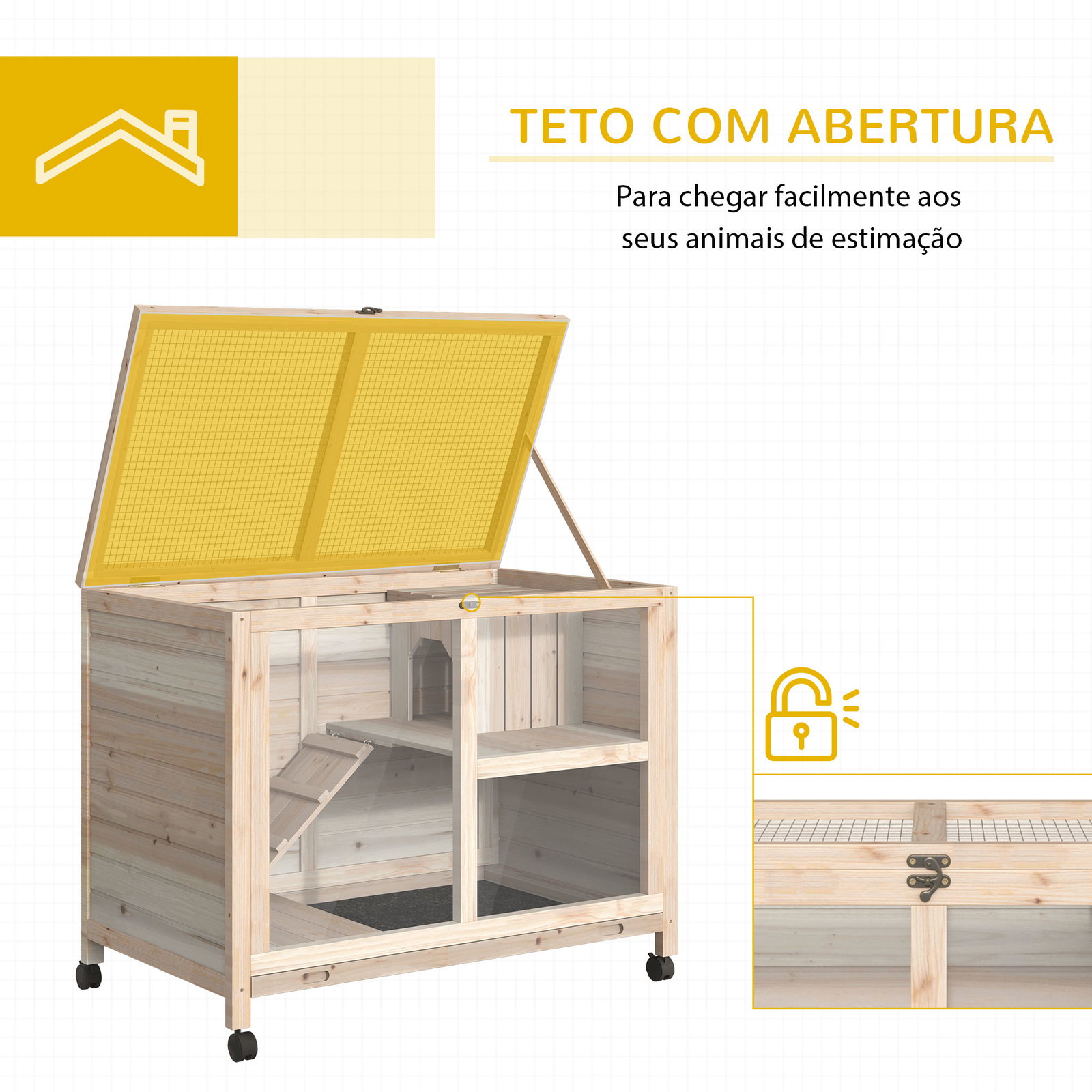 Coelheira de madeira com rodas 91,5x53,5x73cm gaiola para coelhos de 2 níveis com bandeja amovível e rampa natural