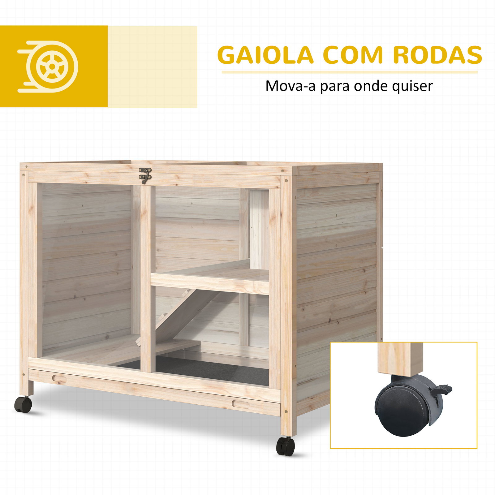 Coelheira de madeira com rodas 91,5x53,5x73cm gaiola para coelhos de 2 níveis com bandeja amovível e rampa natural