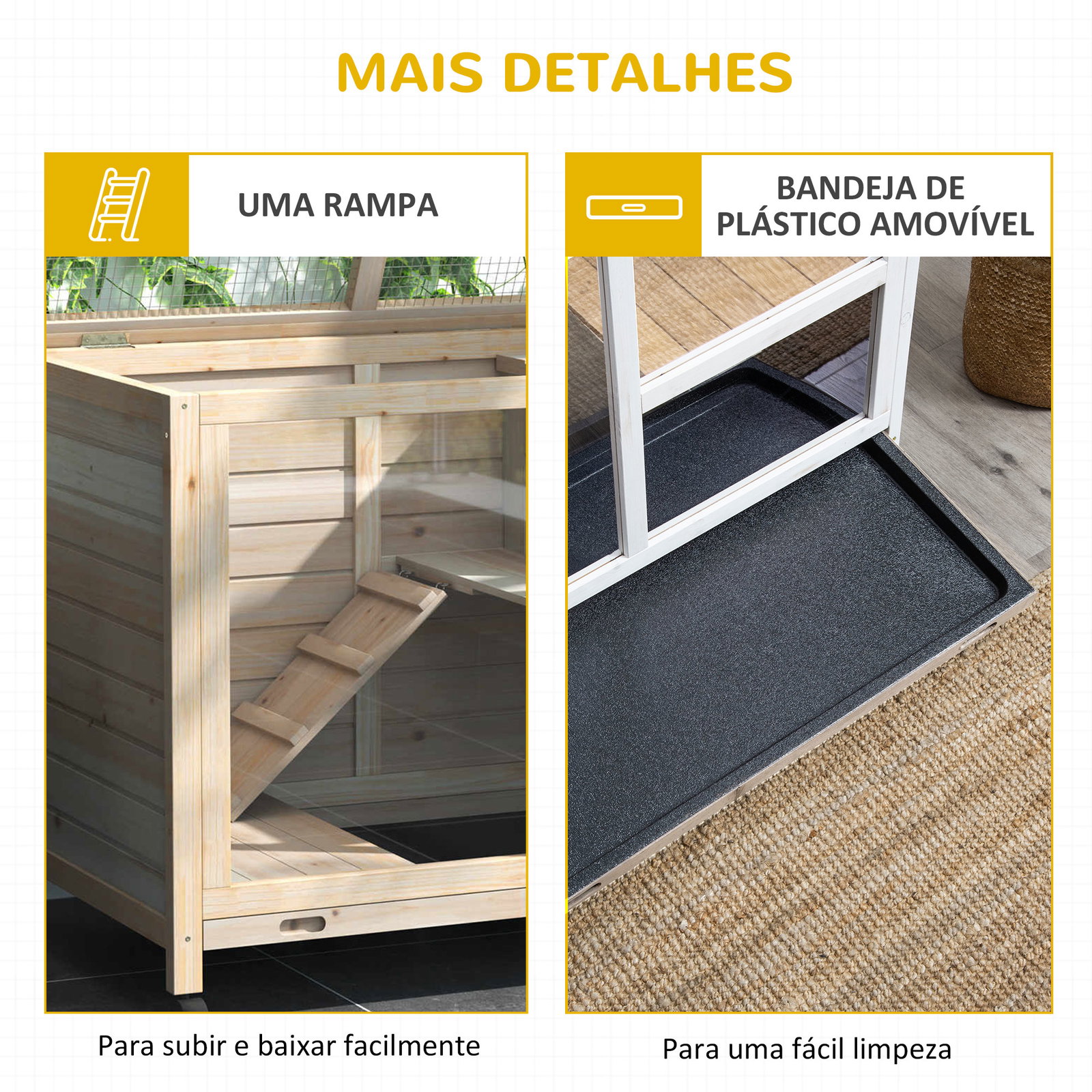Coelheira de madeira com rodas 91,5x53,5x73cm gaiola para coelhos de 2 níveis com bandeja amovível e rampa natural