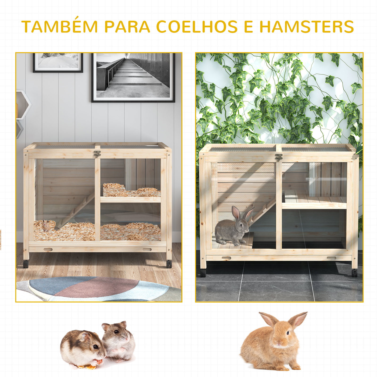 Coelheira de madeira com rodas 91,5x53,5x73cm gaiola para coelhos de 2 níveis com bandeja amovível e rampa natural