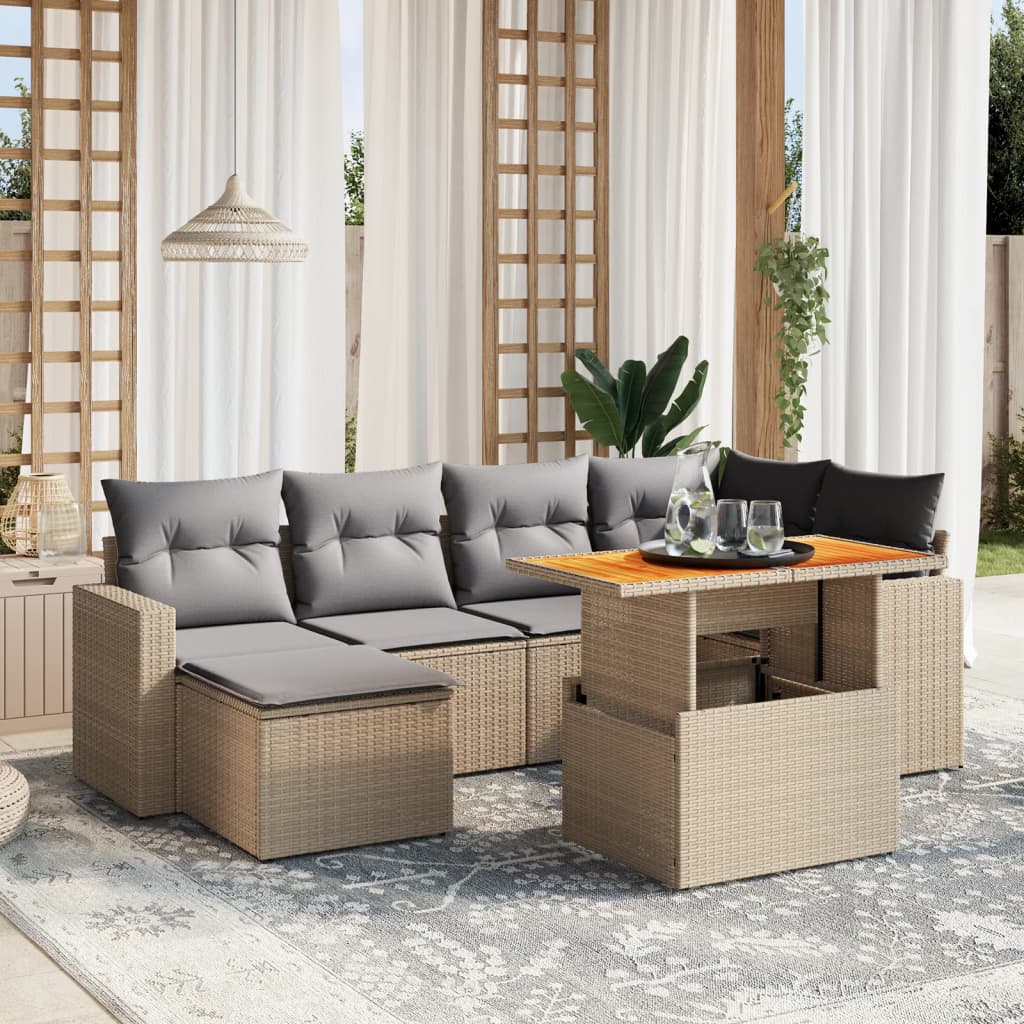 7 Pcs conjunto de sofás p/ jardim com almofadões vime PE bege