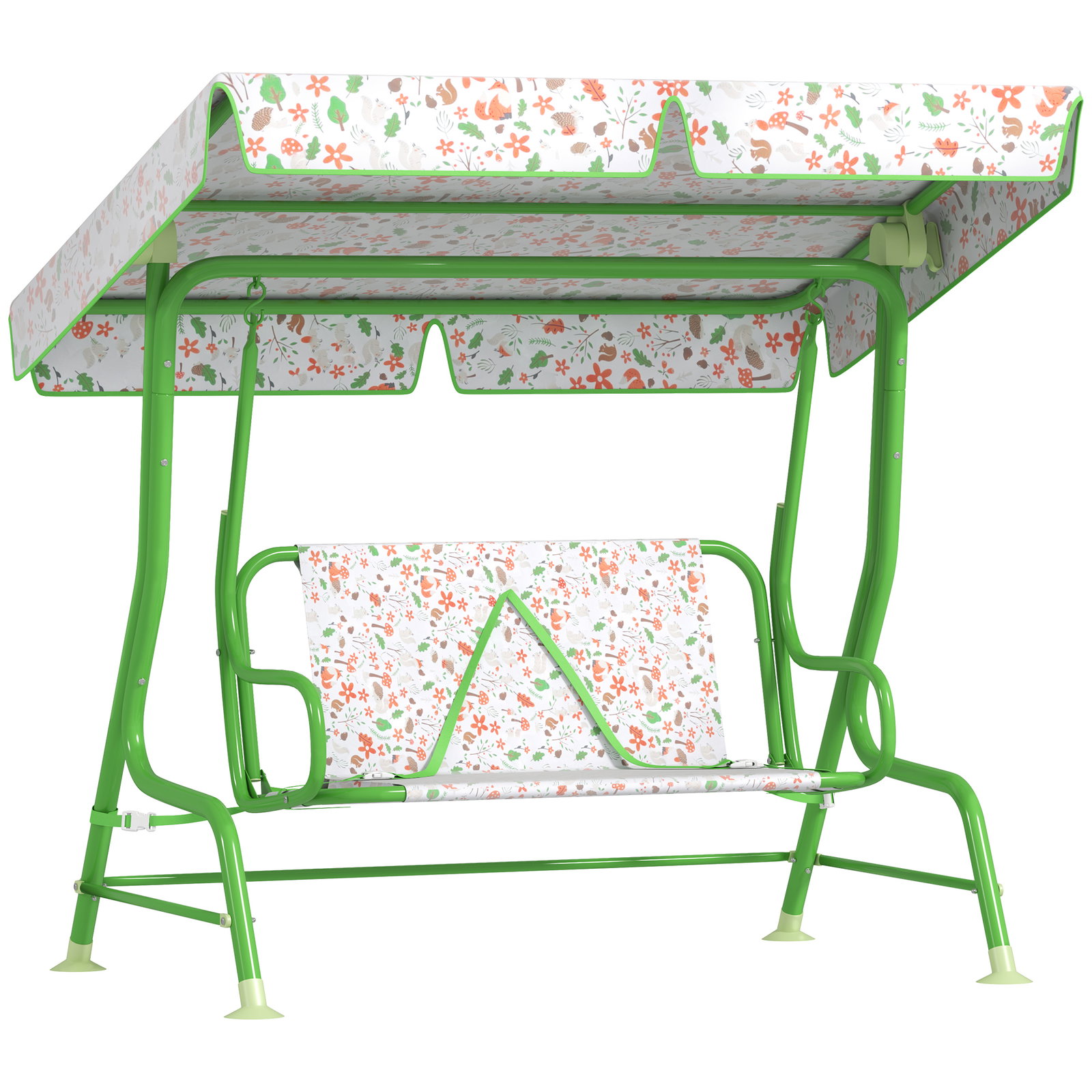 Baloiço de jardim para crianças com 2 lugares toldo ajustável cinto de segurança e desenho de borboletas 112x75x120 cm verde