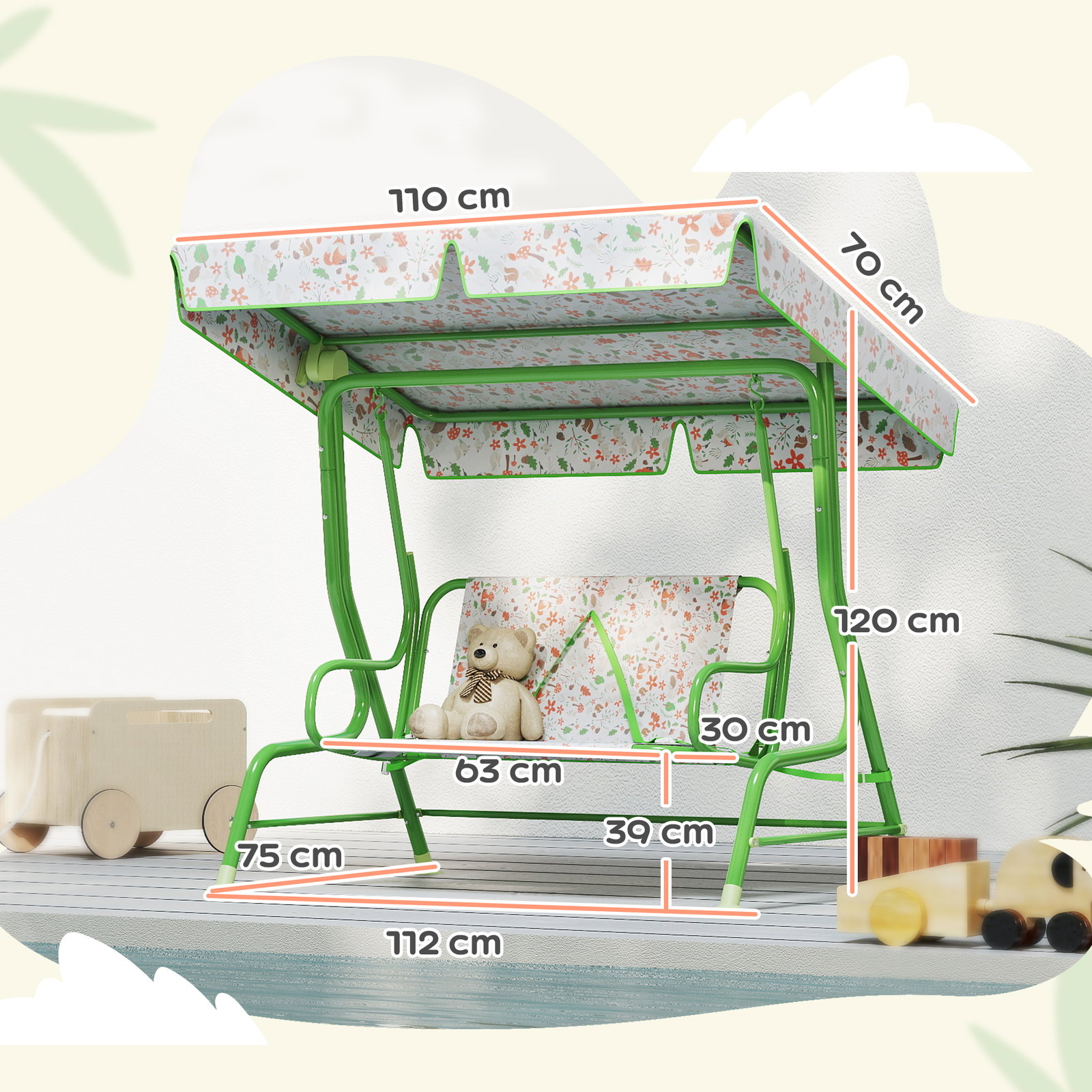 Baloiço de jardim para crianças com 2 lugares toldo ajustável cinto de segurança e desenho de borboletas 112x75x120 cm verde