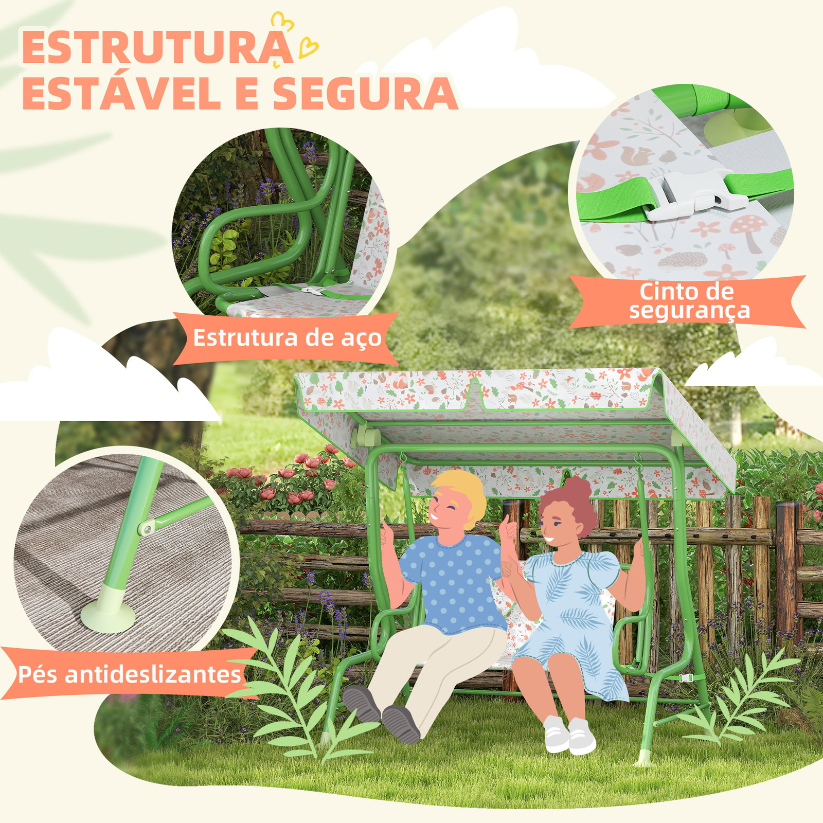 Baloiço de jardim para crianças com 2 lugares toldo ajustável cinto de segurança e desenho de borboletas 112x75x120 cm verde