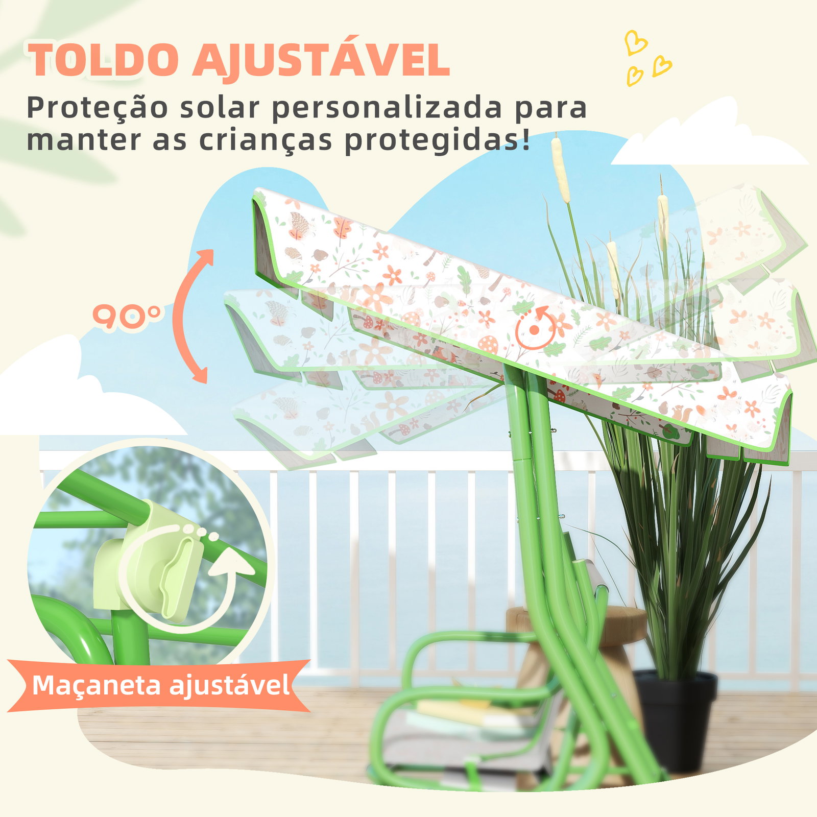Baloiço de jardim para crianças com 2 lugares toldo ajustável cinto de segurança e desenho de borboletas 112x75x120 cm verde