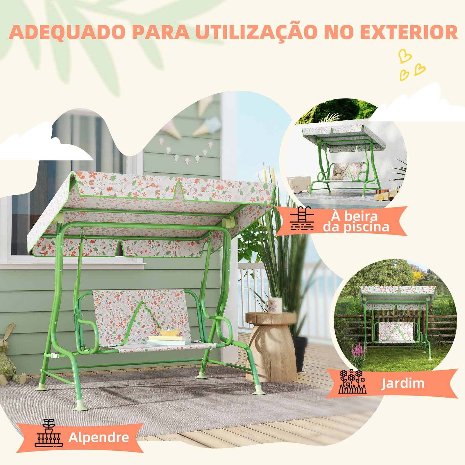 Baloiço de jardim para crianças com 2 lugares toldo ajustável cinto de segurança e desenho de borboletas 112x75x120 cm verde