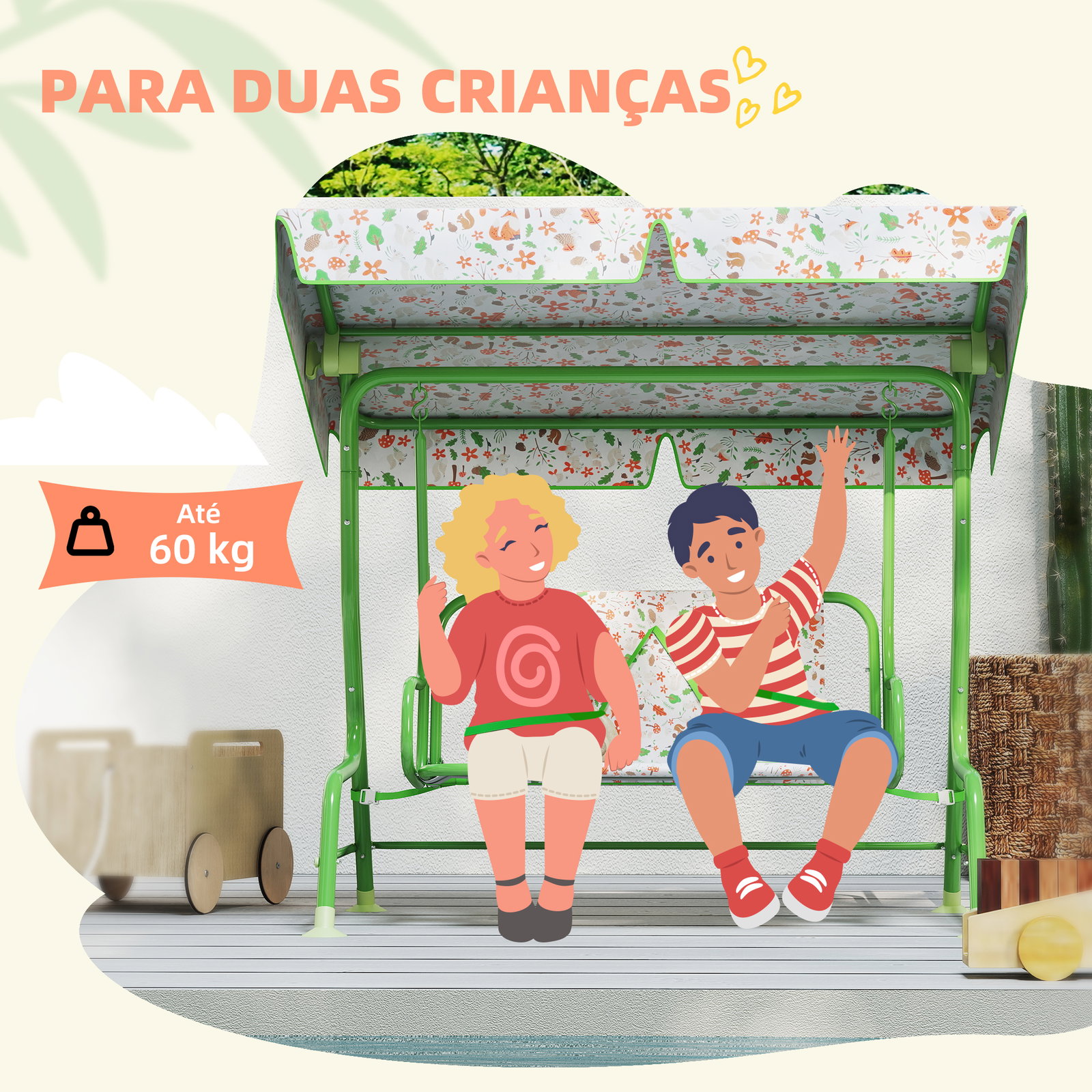 Baloiço de jardim para crianças com 2 lugares toldo ajustável cinto de segurança e desenho de borboletas 112x75x120 cm verde