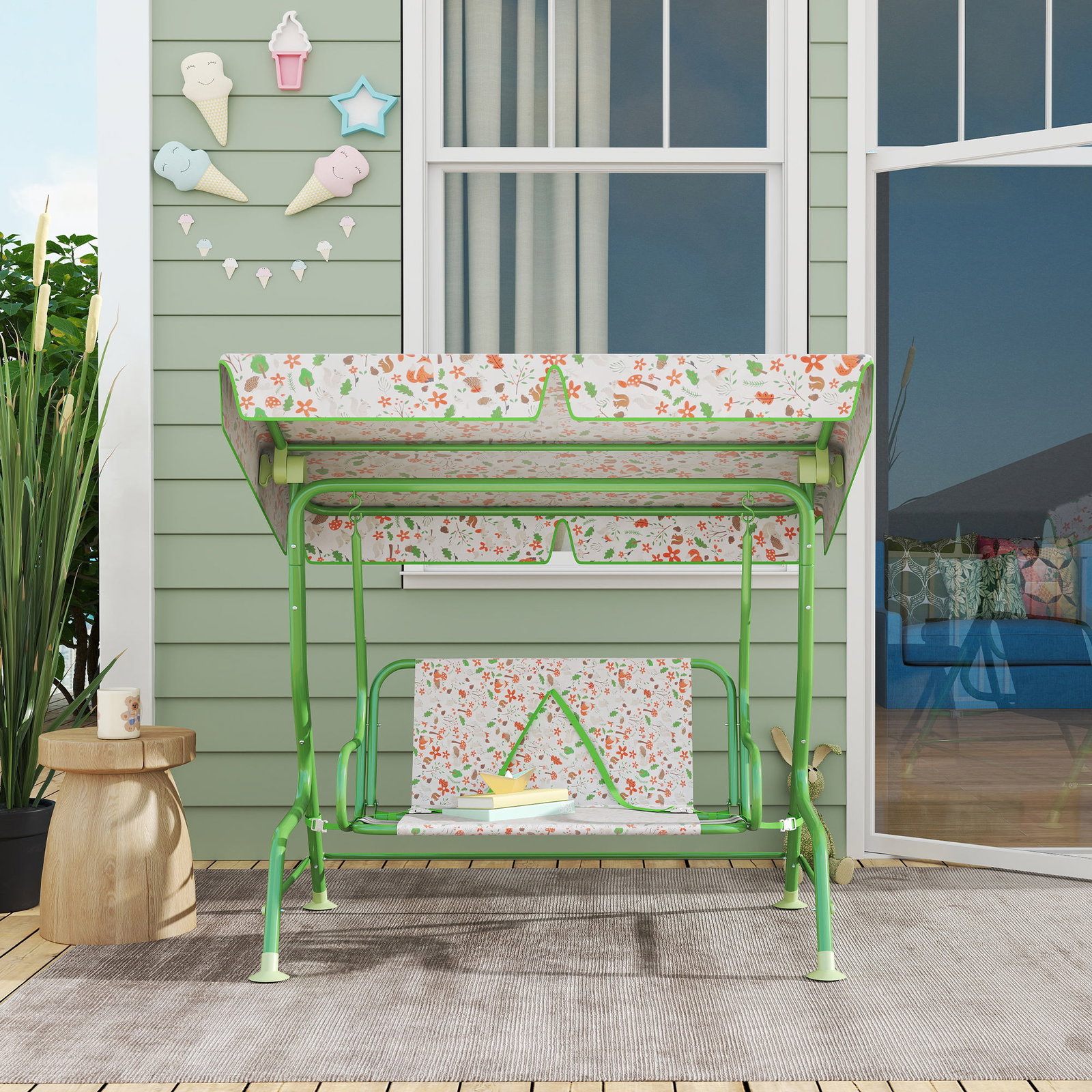 Baloiço de jardim para crianças com 2 lugares toldo ajustável cinto de segurança e desenho de borboletas 112x75x120 cm verde