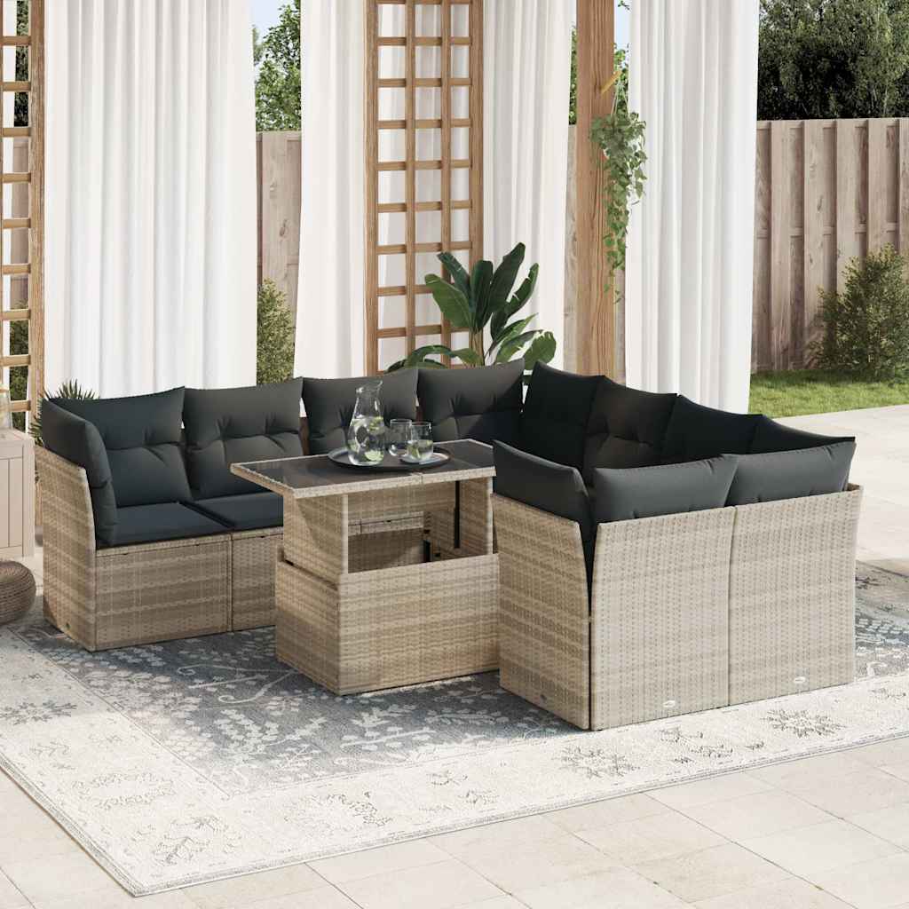 9 Pcs conj. sofás jardim com almofadões vime PE cinzento-claro