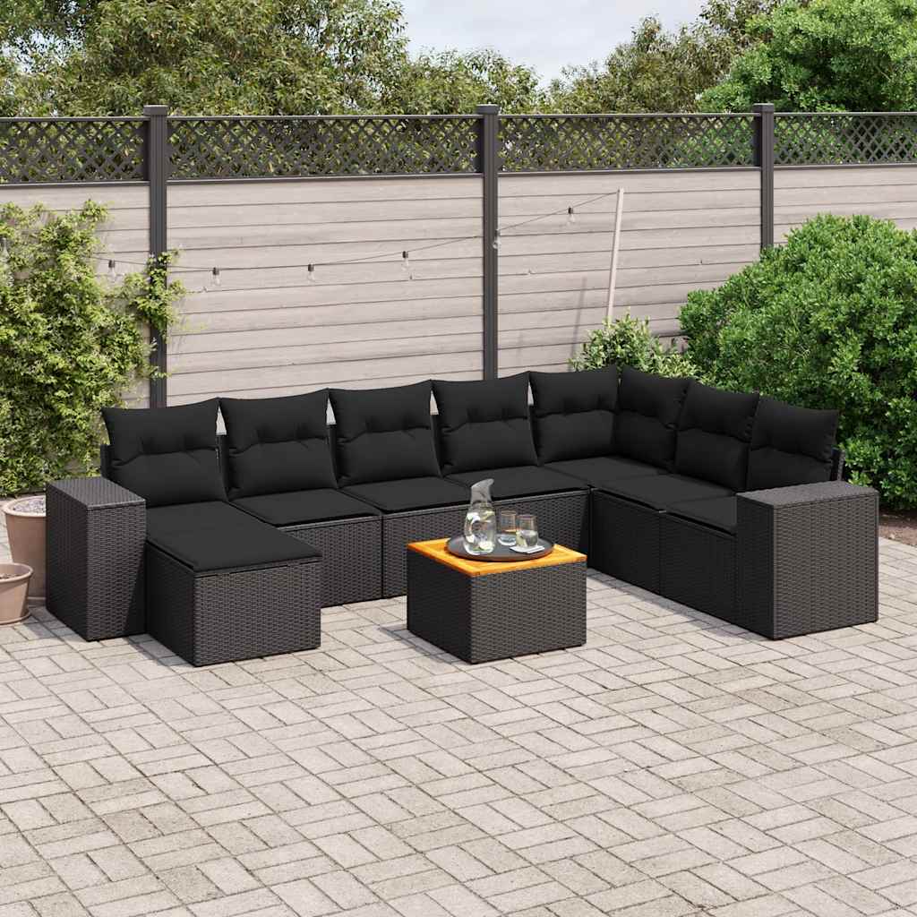 9 Pcs conjunto de sofás p/ jardim c/ almofadões vime PE preto