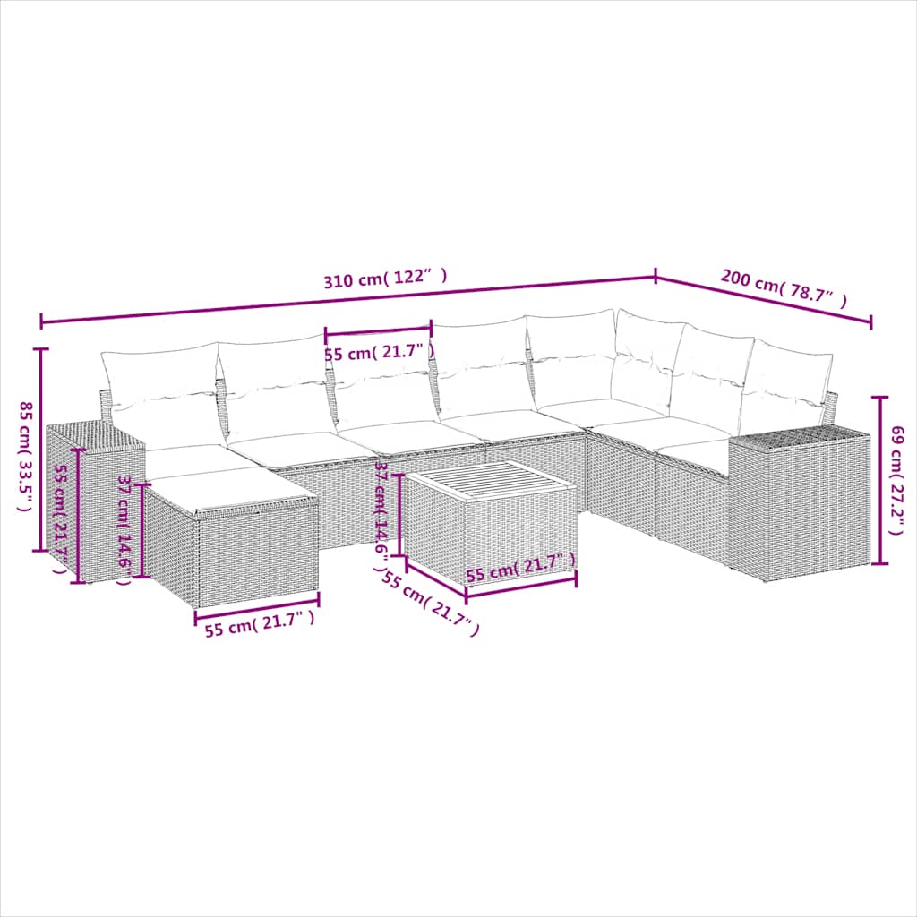 9 Pcs conjunto de sofás p/ jardim c/ almofadões vime PE preto