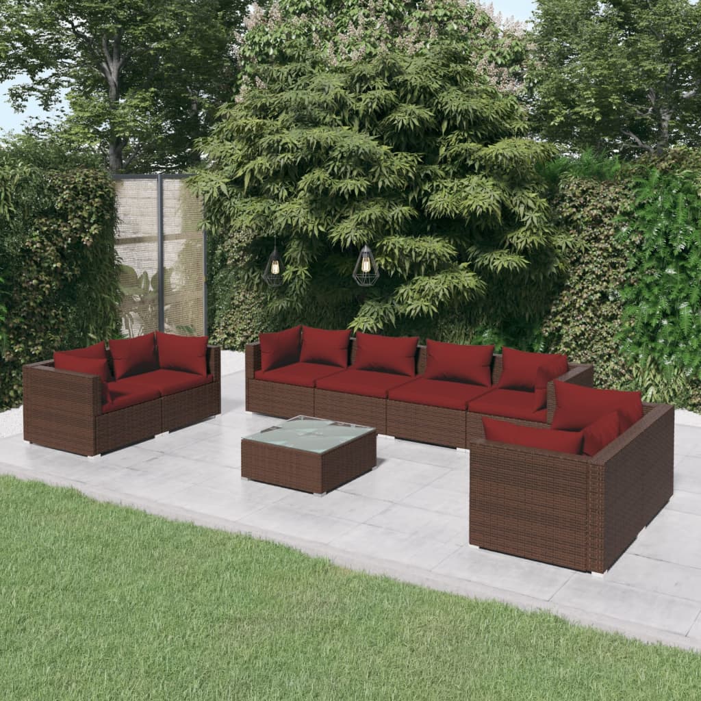 9 Pcs conjunto lounge jardim c/ almofadões vime PE castanho